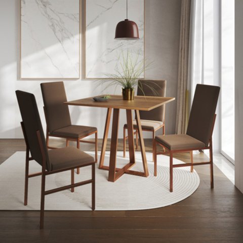 Conjunto de Jantar Mesa Mônaco Premium 90cm Branca com 4 Cadeiras Estofadas Marrom Base Cobre