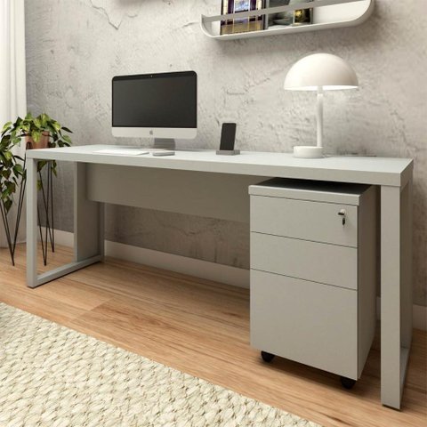Mesa Escrivaninha Industrial 170cm com Gaveteiro e Pés Metal Cor:cinza Claro