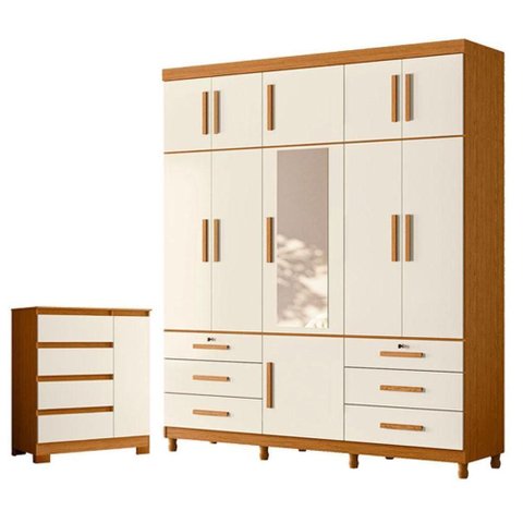 Guarda Roupa Casal Triton Plus 11 Portas de Bater com Espelho e Cômoda Sapateira 4 Gavetas MDP