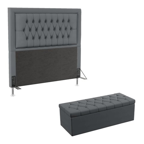 Kit Cabeceira Estofada Decorativa Pegasus e Calçadeira Sagitarius 160 Para Cama Queen Sued Cinza Ara
