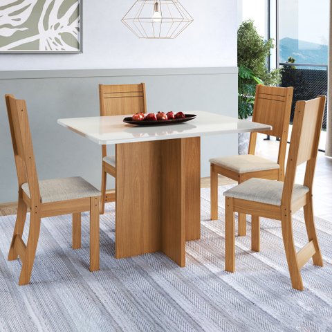 CONJUNTO DE SALA DE JANTAR PREDILLETA ATENAS 110 CM COM 4 CADEIRAS FREIJÓ/OFF-WHITE ASSENTO LINHO