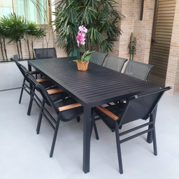 Mesa Retangular com Tampo Ripado + 8 Poltronas Cactos Tela Sling - Marrom - 1