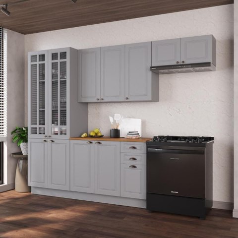 Armário de Cozinha Modulada Compacta Nara 12 Portas 2 Gavetas MDF 280cm Titânio