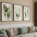 Ver imagem 1 de Kit 3 Quadros Verde Dourado Aquarela 60x80 com Vidro:tabaco