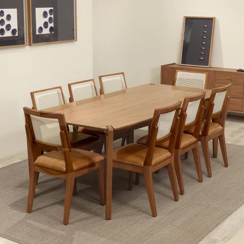 Conjunto de Jantar Mesa Retangular Harmony 8 Cadeiras Saga - Natural C/ Caramelo