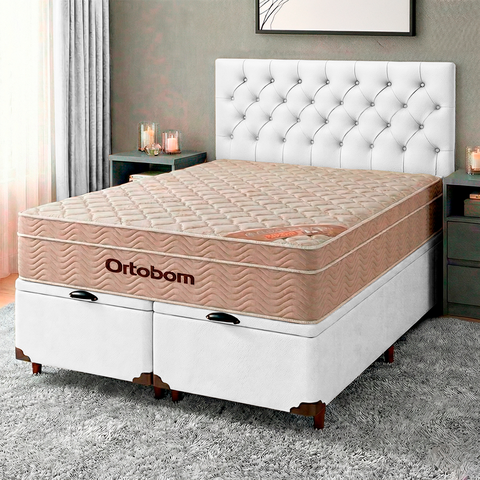 Cama Box Bau + Colchão Queen Ortobom Molas Ensacadas Airtech + Cabeceira Estofada