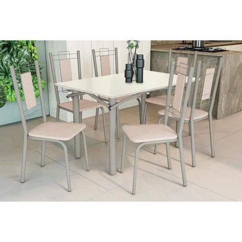 Sala de Jantar Completa Elba Tampo Madeirado C/ Vidro 120cm e 6 Cadeiras Florença Niquel/off White