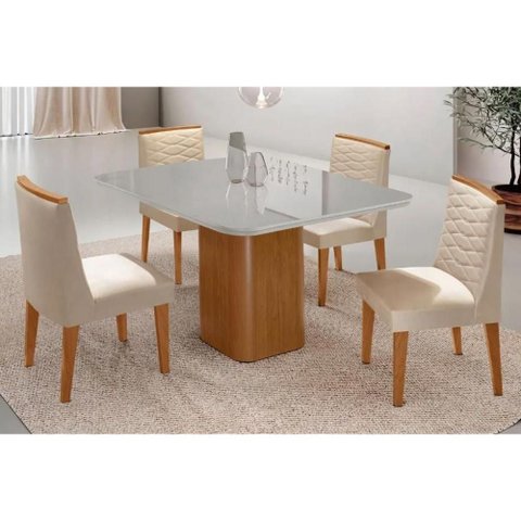 Conjunto: Mesa de Cozinha Maldivas Tampo c/ Vidro Curvo 90cm+4 Cadeiras Maldivas Madeira Naturale/