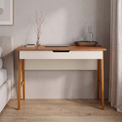 Escrivaninha Parma Off White e Freijó para Escritório e Home Office com Design Moderno
