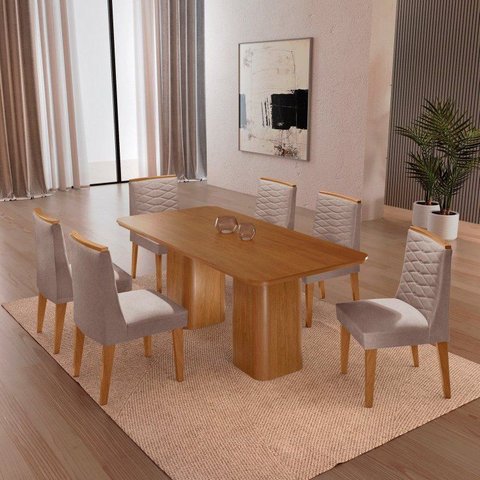 Conjunto Sala de Jantar Mesa Tampo MDF 6 Cadeiras Sakura Marrom/Capuccino/Marromle/Off White