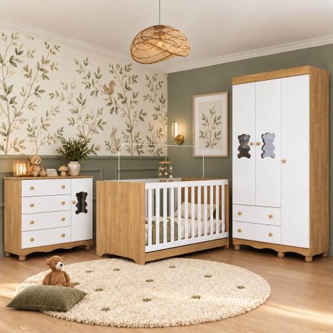 Quarto de Bebê Completo com Berço Americano 3 em 1 e Colchão Incluso Flor Multimóveis MP4927