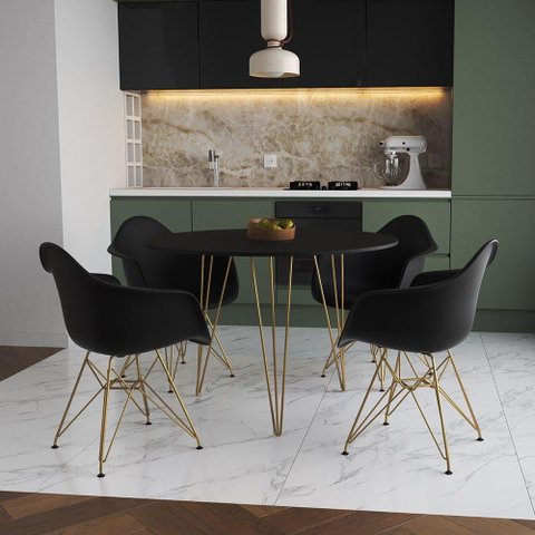 Mesa Jantar Redonda 90Cm Preta Clips 3 Pés Com 4 Poltronas Pretas Base Dourado - Cor: Preto