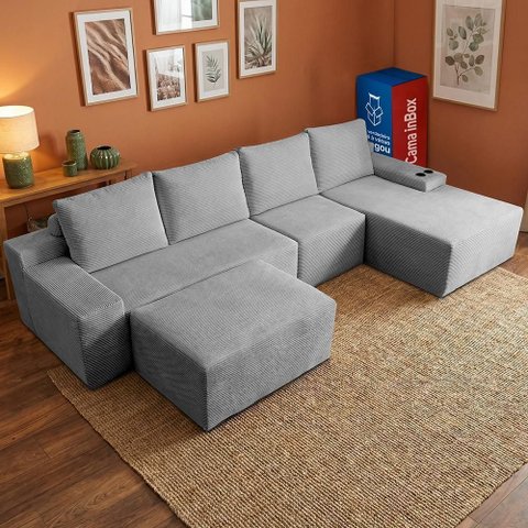 Sofá Evo 3,40m Molas Ensacadas com Apoio Chaise Lounge Direita Velourê Cinza Claro Cama Inbox