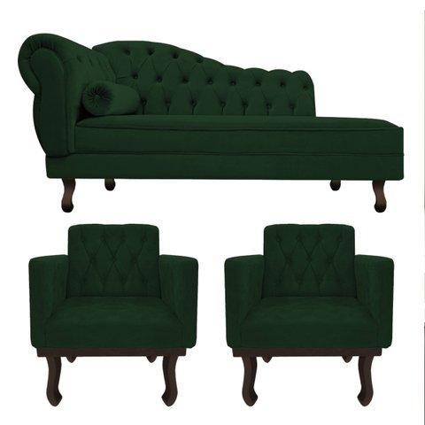 Kit Diva Recamier Diana 185cm Lado Direito e 02 Poltronas Classic Suede Verde - ADJ Decor