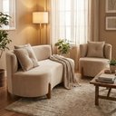 Ver imagem 1 de Conjunto 01 Poltrona + Sofá Curvo Orgânico Luna Veludo Bege - Montanaris Decor