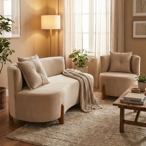 Conjunto 01 Poltrona + Sofá Curvo Orgânico Luna Veludo Bege - Montanaris Decor