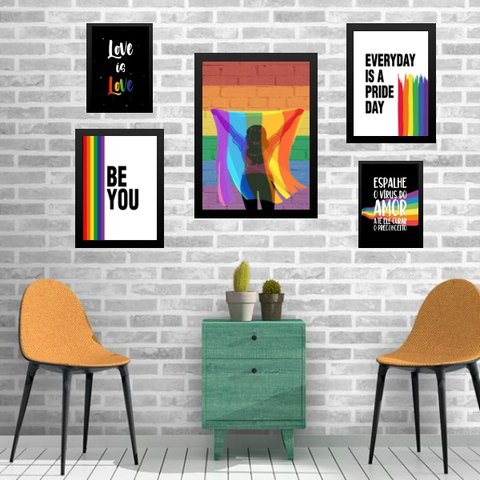 Composição 5 Quadros Lgbt - Bandeira - com Vidro:madeira Preta