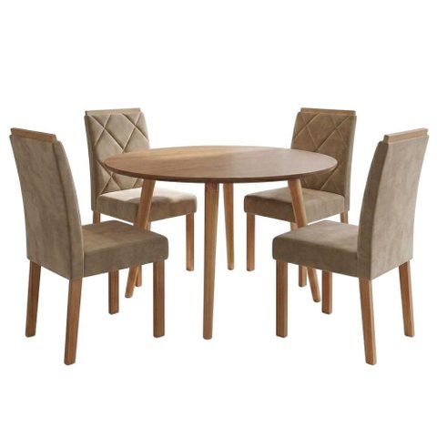Mesa de Jantar Redonda Dani Mdf com 4 Cadeiras Estofadas Suede Cinamomo Joli Molci