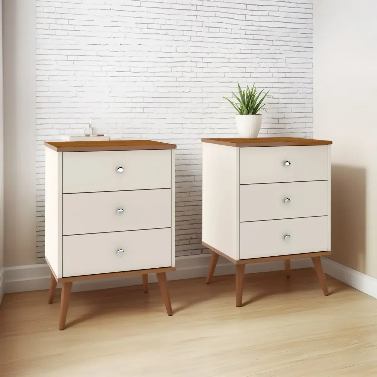 Kit 2 Escrivaninhas Mesa de Cabeceira Mix 3 Gavetas Cores Acabamento Brilhante Off/freijó