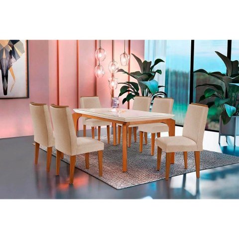Conjunto: Mesa Sala Jantar Londrina Tampo Madeirado c/ Vidro 180cm + 6 Cadeiras Lunara Imbuia/Veludo