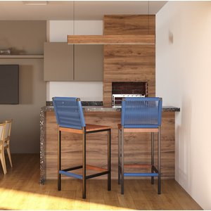 Conjunto 2 Banqueta Bahamas Alta Madeira Peroba com Encosto de Corda Náutica Azul