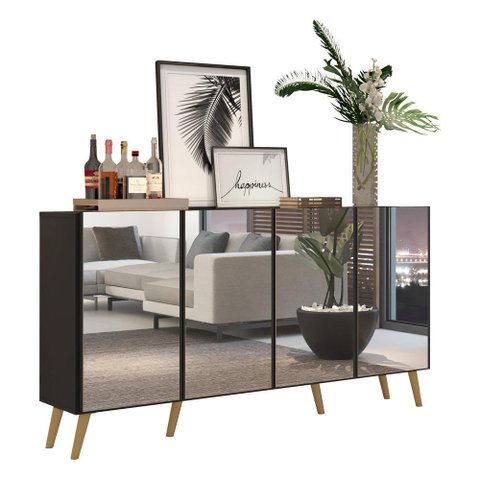 Aparador Buffet 4 portas com Espelho Retrô Vegas Multimóveis V3559 Preto/Natural