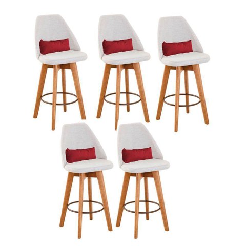 Kit 05 Banquetas Linho Bege e Almofada Vermelho