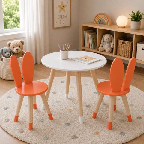 Conj Mesa 2 Cadeiras Coelho Infantil MDF15MM Pés Pinus:Laranja