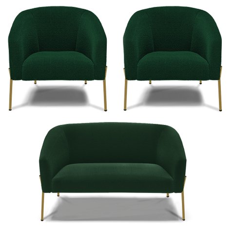 Namoradeira e 2 Poltronas Pé Ferro Dourado Stella Bouclê Verde D03 - D'Rossi
