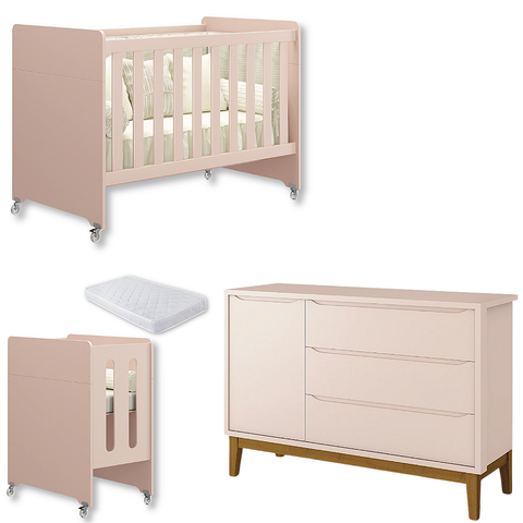 Quarto de Bebê Berço Evolution + Cômoda 1 Porta 3 Gavetas Classic Rosa + Colchão