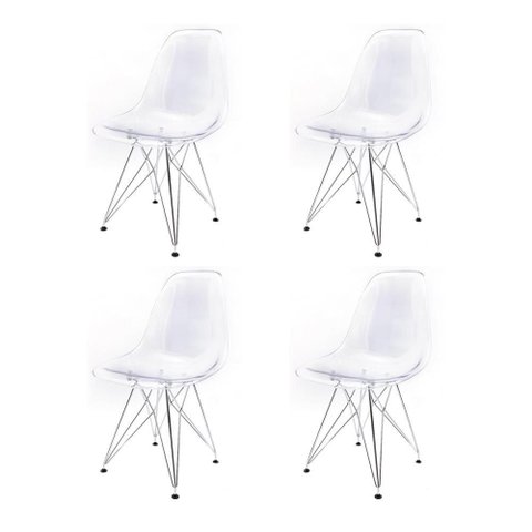 Conjunto 4 Cadeiras Eames Policarbonato Transparente Eiffel Cromada