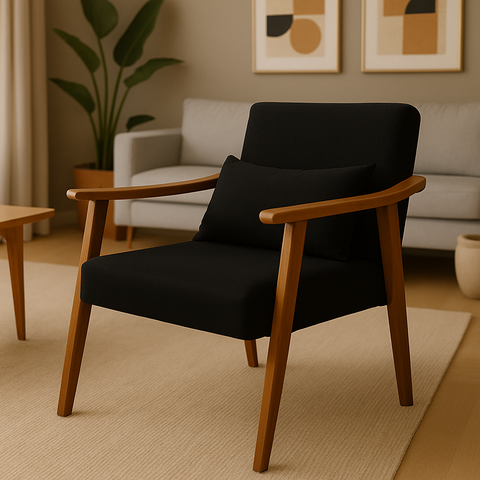 Poltrona Aurora Linho com Almofada Estofada Decorativa Recepção de Escritório Confortável:preto