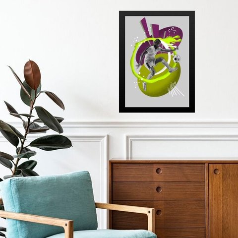 Quadro Decorativo Abstrato Jogador de Futebol 33x24cm:moldura Preta