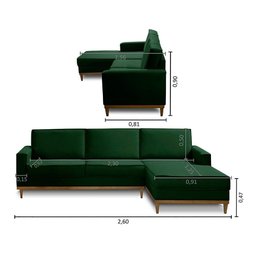 Sofá 3 Lugares 2,60m Living com Chaise Ld Gabi Linho Verde Madelina Decor - 3