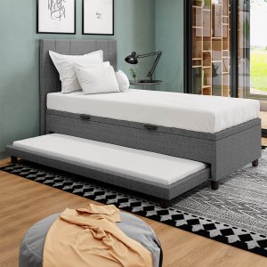 Base Cama Box Baú Solteirão com Cama Auxiliar Linho Cinza Skybox