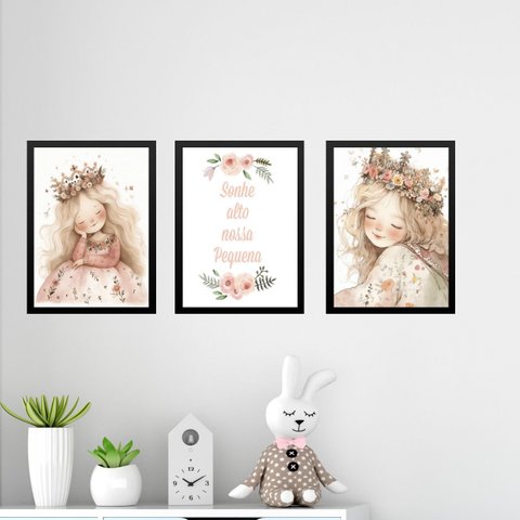 Kit 3 Quadros Infantis Princesa - Sonhe Alto 33x24cm - com Vidro:moldura Preta