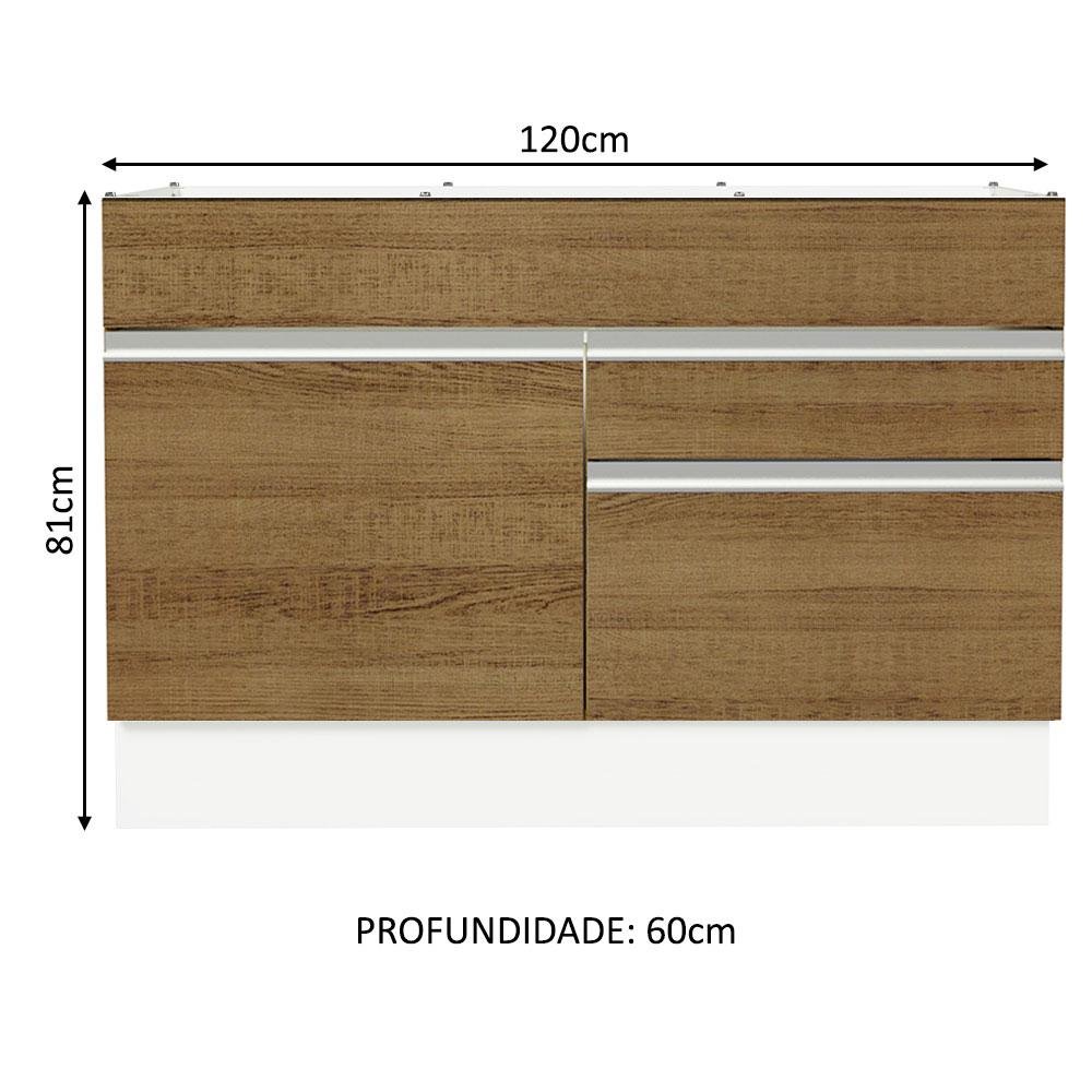 Balcão Gabinete de Pia Armário de Cozinha 120 x 60 cm 1 Porta 2 Gavetas Branco/Rustic (Sem Tampo) Glamy Madesa - 3