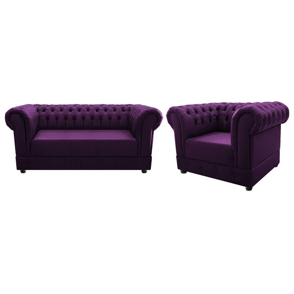 Kit Poltrona e Namoradeira Chesterfield Ana Suede Roxo - 1