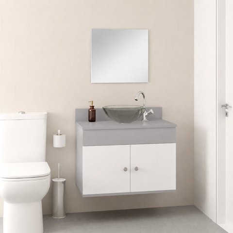 Kit Banheiro Berlim 61 Cinza e Branco Cuba de Acrílica Transparente e Espelho
