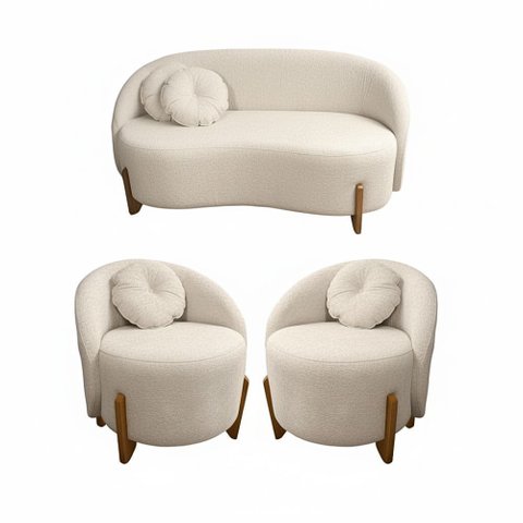 Kit 01 Sofá + 02 Poltronas Orgânicos c/ Almofadas Curvo Sala Recepção Amsterdã Boucle Off White