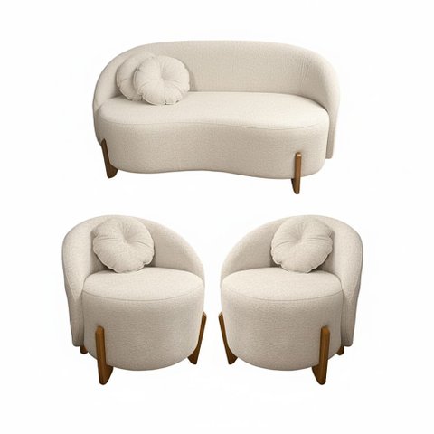Kit 01 Sofá + 02 Poltronas Orgânicos C/ Almofadas Curvo Sala Recepção Amsterdã Boucle Off White