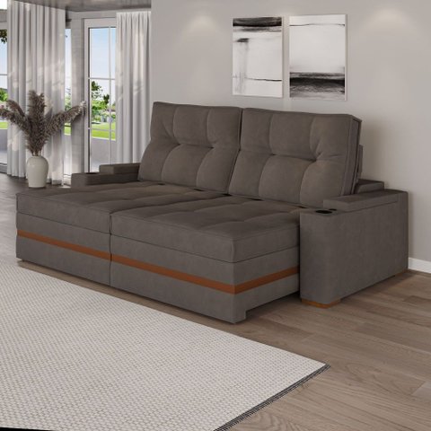 Sofá Retrátil Reclinável Lunza D28 Detalhe em Madeira:Suede Grafite/236cm