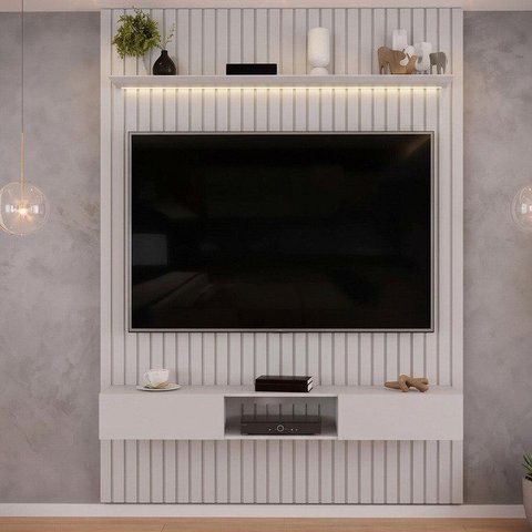 Painel Ripado para TV até 60 Polegadas com LED MDF 183CMX240CM Trento Cinza Bali