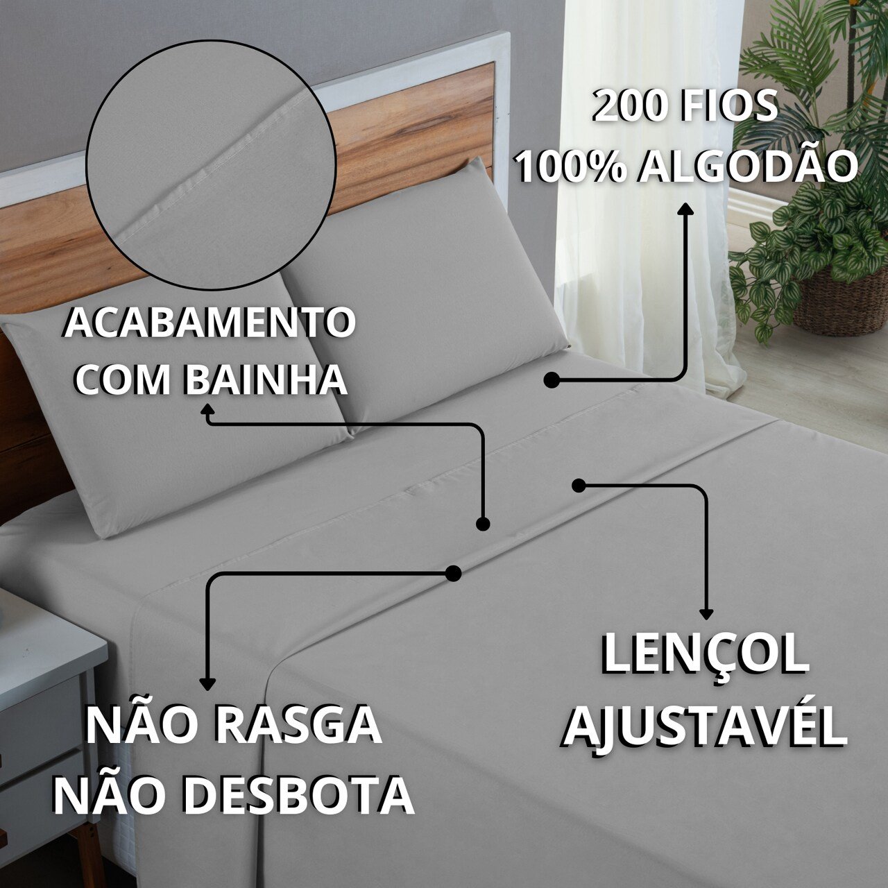 Conjunto Casal 4 Peças 200 Fios Jogo de Lençol Algodão com Elástico Roupa de Cama Box:cinza - 7