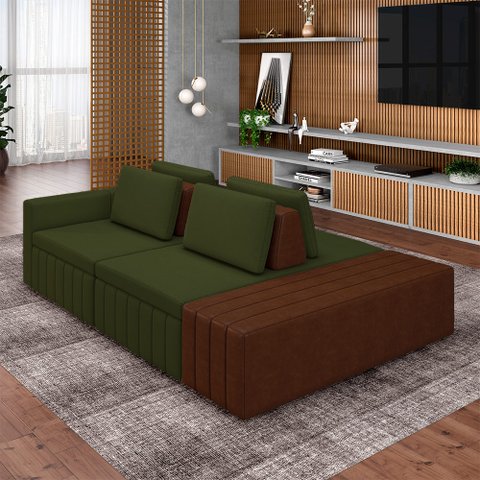 Sofá Ilha com Encosto e Almofadas Móveis Olimpo 245cm Modulado Linho/pu Verde/marrom G45 - Gran Belo