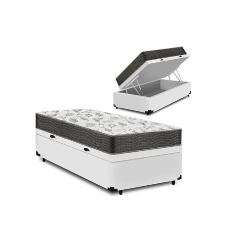 Cama Box Baú Solteiro Conforto Sintético Branco + Colchão Solteiro Conforto Espuma D33 Com EPS 26x88