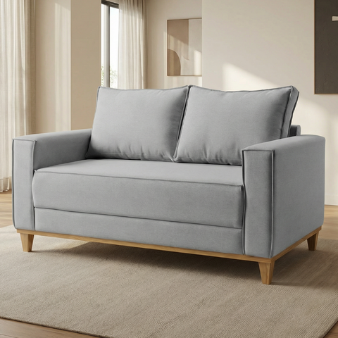 Sofá 2 Lugares Hungria Base Madeira Tecido Linho Cinza Claro Living 1,80m