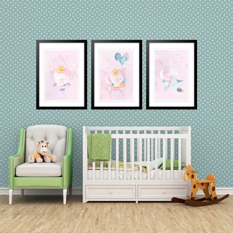 Kit 3 Quadros Grandes Quarto Infantil Baby Elefante 60x48cm:moldura Preta