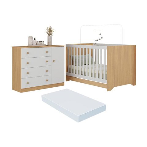 Berço Americano 3 em 1 com Colchão Incluso e Cômoda 1 Porta 4 Gavetas Encanto Multimóveis Mp4695