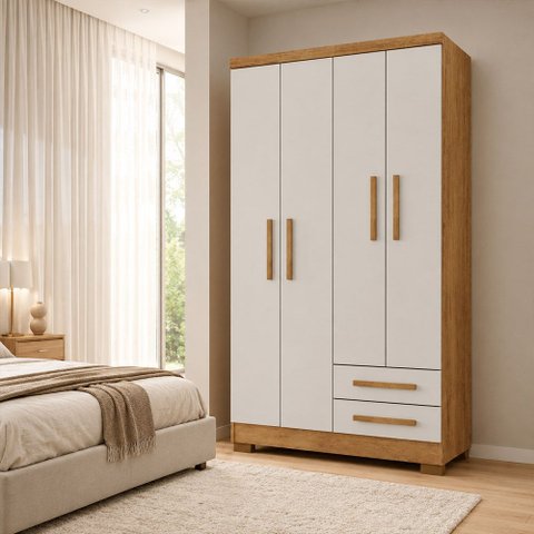 Guarda Roupa Multiuso Paris 4 Portas 2 Gavetas com Corrediças Telescópicas Cedro/Off White